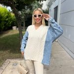 Denim kollu örgü desenli triko kazak – kadın triko modası | Ella Style