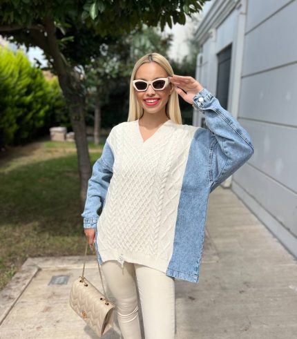Denim kollu örgü desenli triko kazak – kadın triko modası | Ella Style