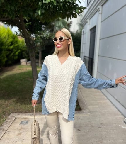 Denim kollu örgü desenli triko kazak – kadın triko modası | Ella Style