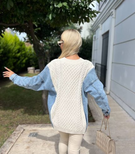 Denim kollu örgü desenli triko kazak – kadın triko modası | Ella Style