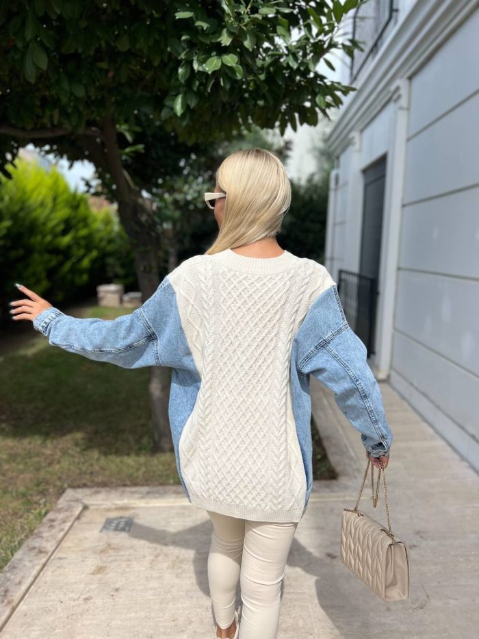 denim-kollu-orgu-desenli-triko-3 Denim kollu örgü desenli triko kazak – kadın triko modası | Ella Style