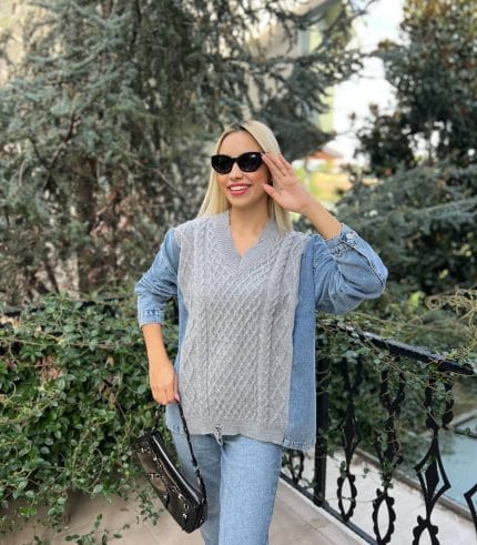 Denim kollu örgü desenli triko kazak – kadın triko modası | Ella Style