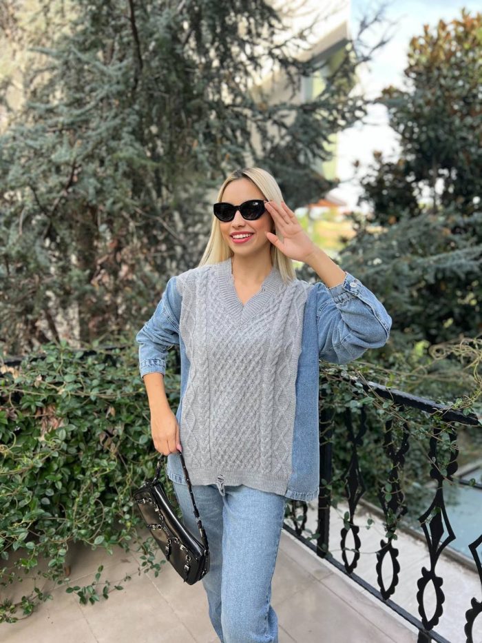 denim-kollu-orgu-desenli-triko-4 Denim kollu örgü desenli triko kazak – kadın triko modası | Ella Style