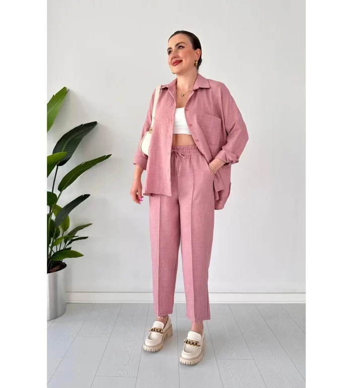 keten-ikilitakim-pembe-3 Gömlek Yaka Keten İkili Takım - Görsel 1