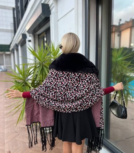 leopar desenli kürklü şal