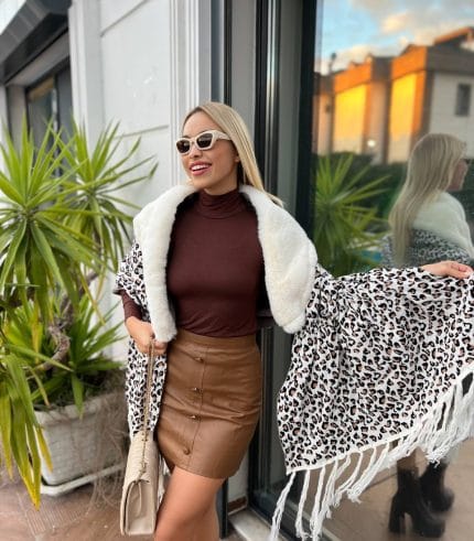 leopar desenli kürklü şal
