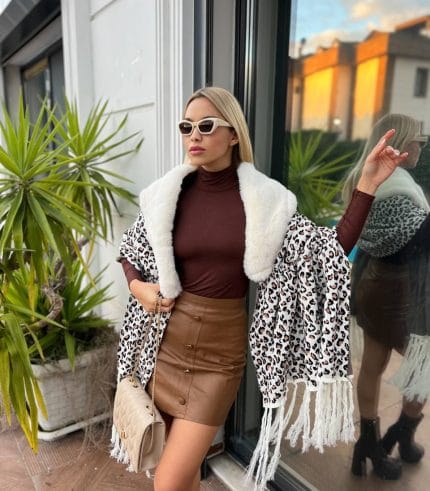 leopar desenli kürklü şal