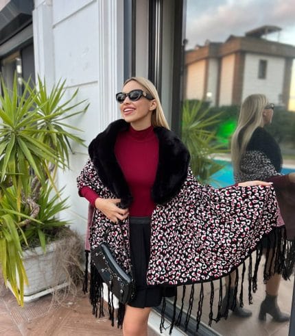 leopar desenli kürklü şal