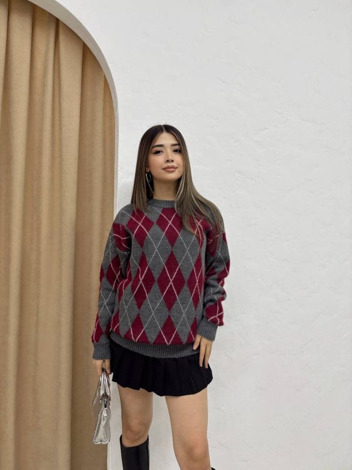 baklava desenli oversize triko kazak kadın kış modası