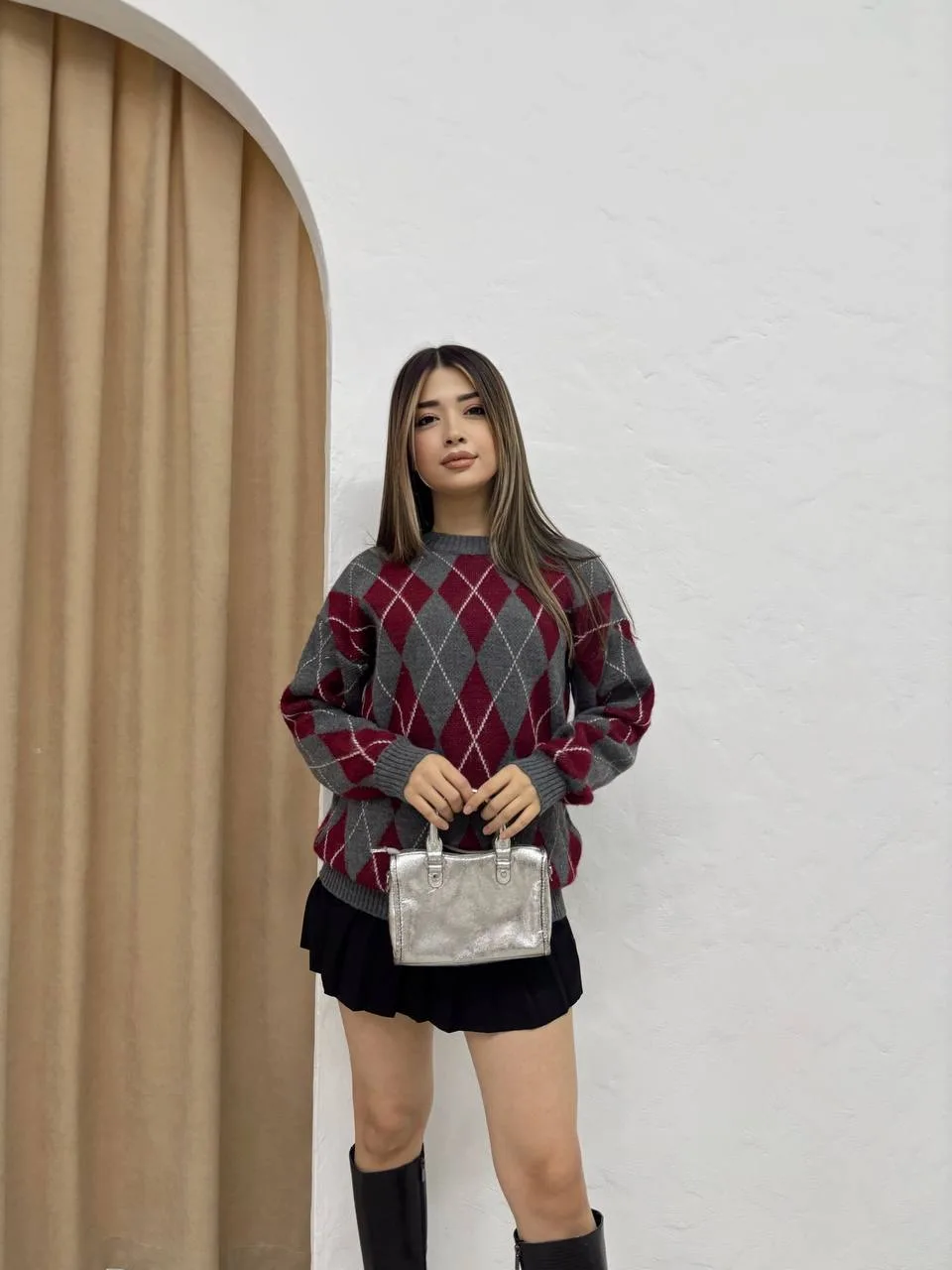 baklava desenli oversize triko kazak kadın kış modası