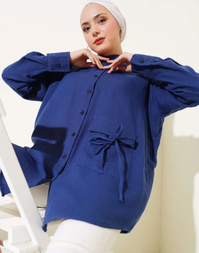 Müslin Kumaş Bağcık Detaylı Oversize Gömlek Oversize Müslin Kumaş Gömlek Bağcık Detaylı - Görsel 2