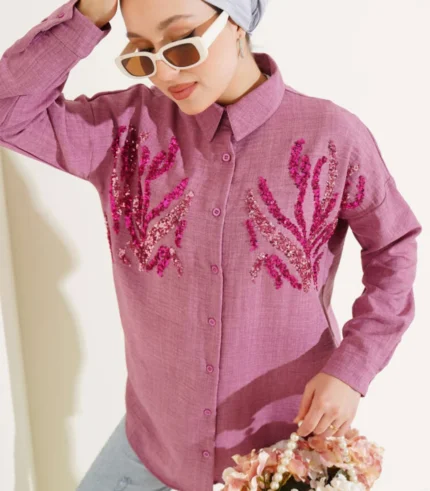 pul payetli oversize kadın gömlek – Ella Style