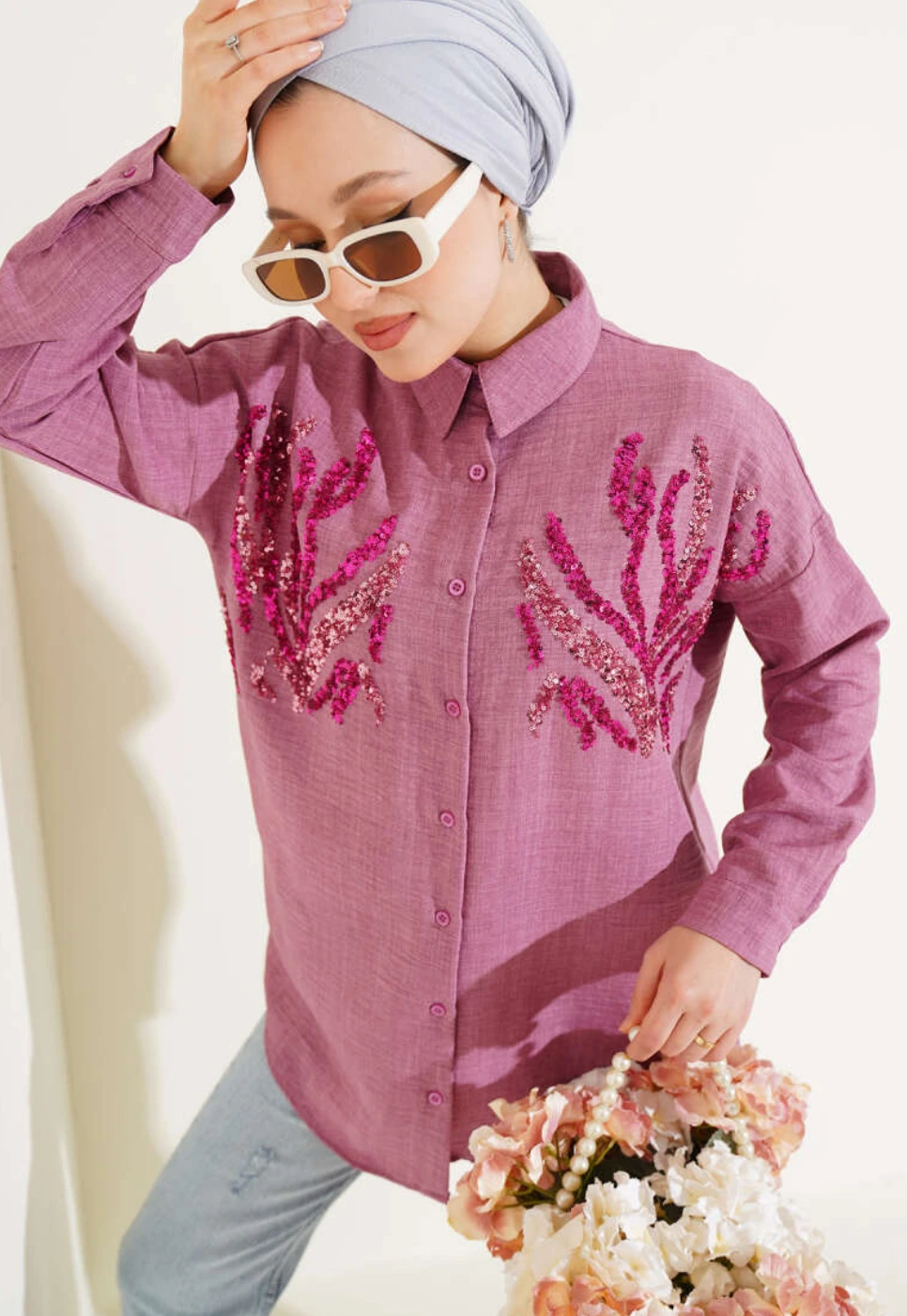 Pul Payet İşlemeli Oversize Gömlek pul payetli oversize kadın gömlek – Ella Style