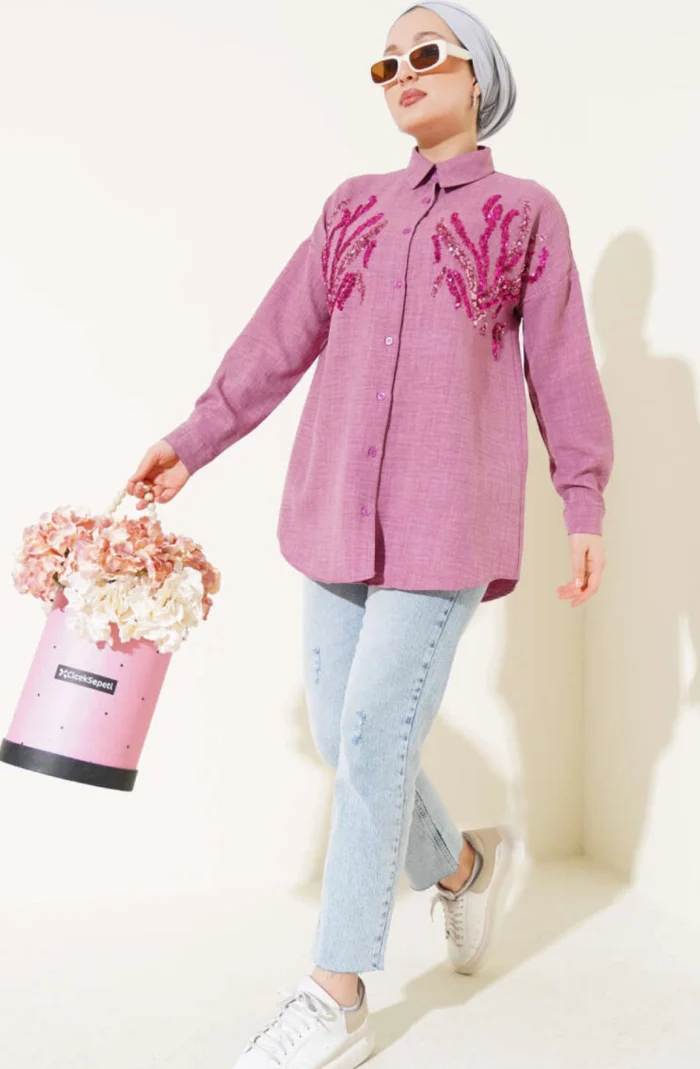 pul payetli oversize kadın gömlek – Ella Style