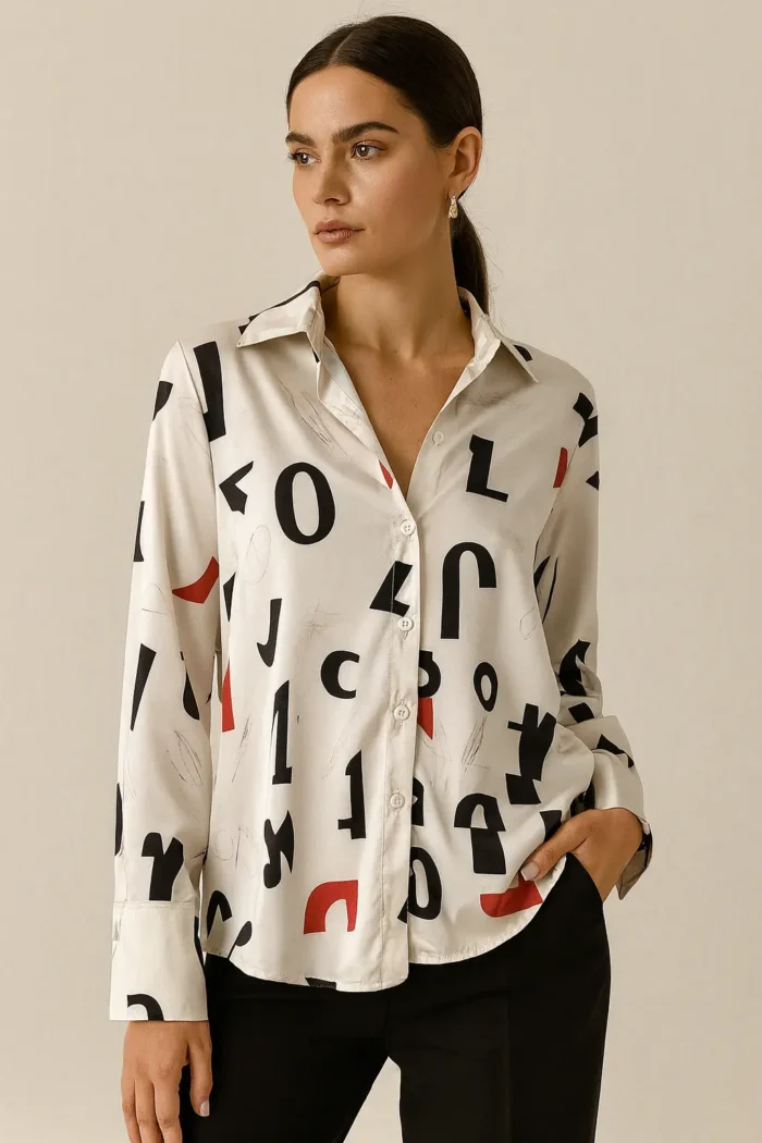 Desenli saten kadın gömlek – modern ve şık tasarım