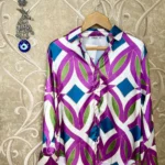 Renkli desenli saten kadın gömlek, yeni sezon şık model