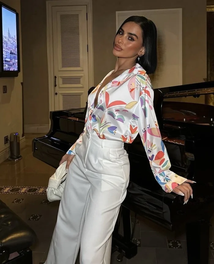 desenli saten kadın gömlek – Ella Style