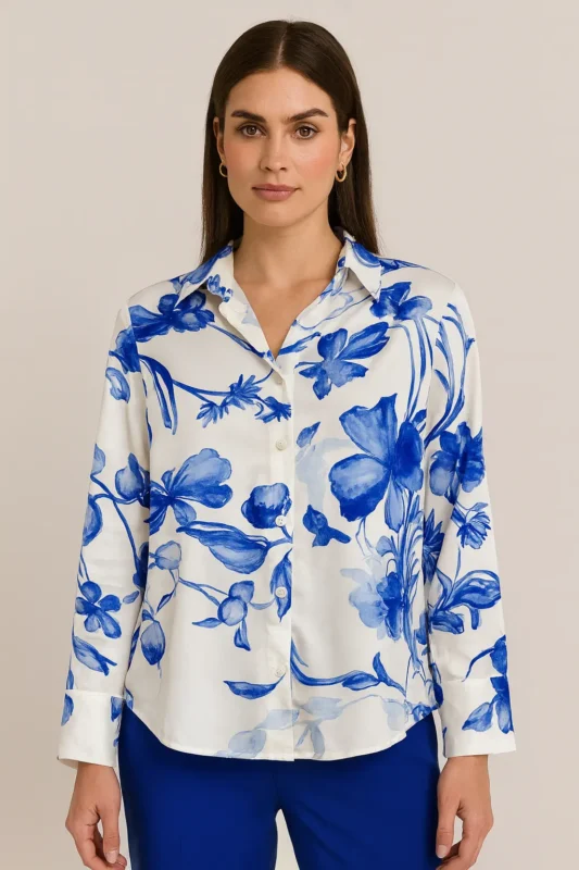 Çiçek desenli saten kadın gömlek – modern ve şık tasarım