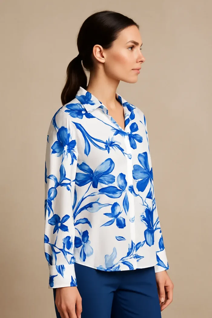 Çiçek desenli saten kadın gömlek – modern ve şık tasarım