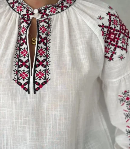Etnik desenli nakış işlemeli keten bluz - Ella Style