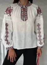 Etnik desenli nakış işlemeli keten bluz - Ella Style