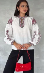 Etnik desenli nakış işlemeli keten bluz - Ella Style