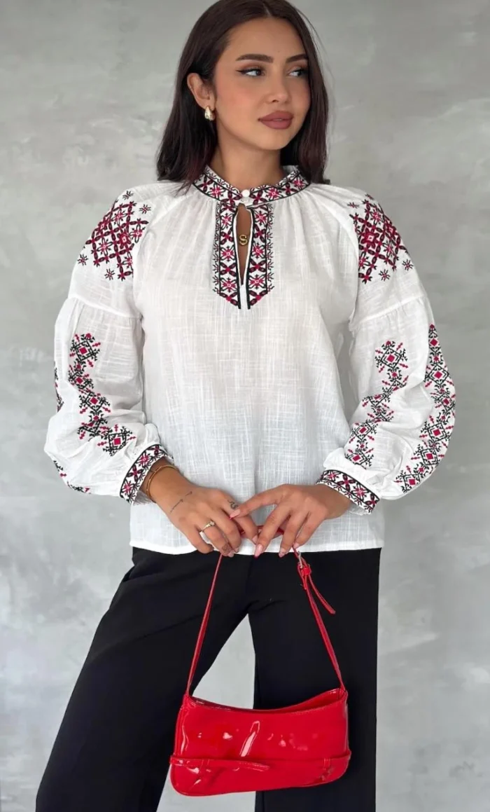 bohem gomlek18 Etnik desenli nakış işlemeli keten bluz - Ella Style
