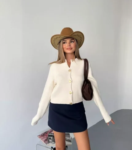 kadın triko hırka – Kalp düğmeli crop model