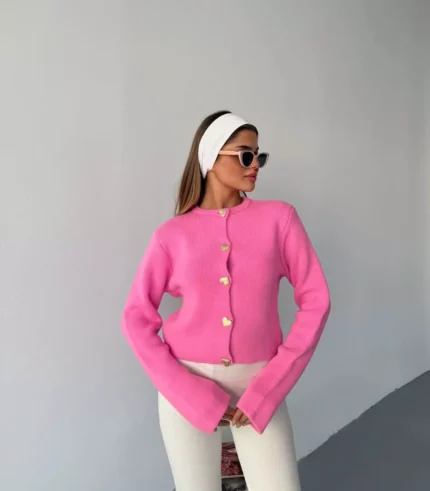 kadın triko hırka – Kalp düğmeli crop model