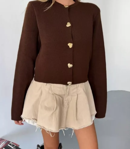 kadın triko hırka – Kalp düğmeli crop model