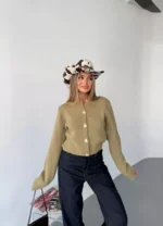 kadın triko hırka – Kalp düğmeli crop model