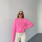 kadın triko hırka – Kalp düğmeli crop model