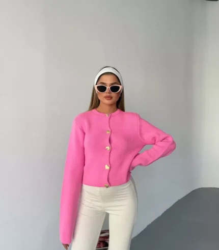 kadın triko hırka – Kalp düğmeli crop model