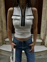 yüksek yaka kolsuz crop bluz ella style