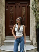 yüksek yaka kolsuz crop bluz ella style